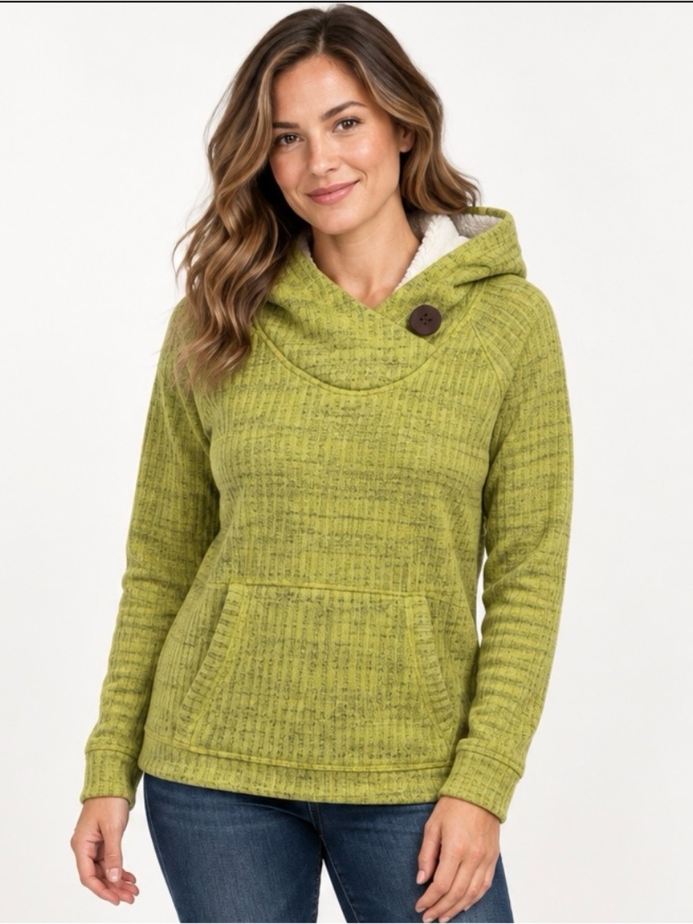 KÖPPEN Women’s Large Green Sherpa-Lined Pullover Hoodie Button Cowl Neck